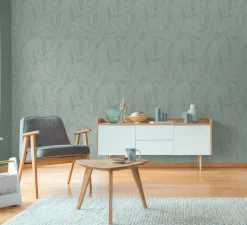 Vliestapete Blätter Grün Silber Metallic 79096-5