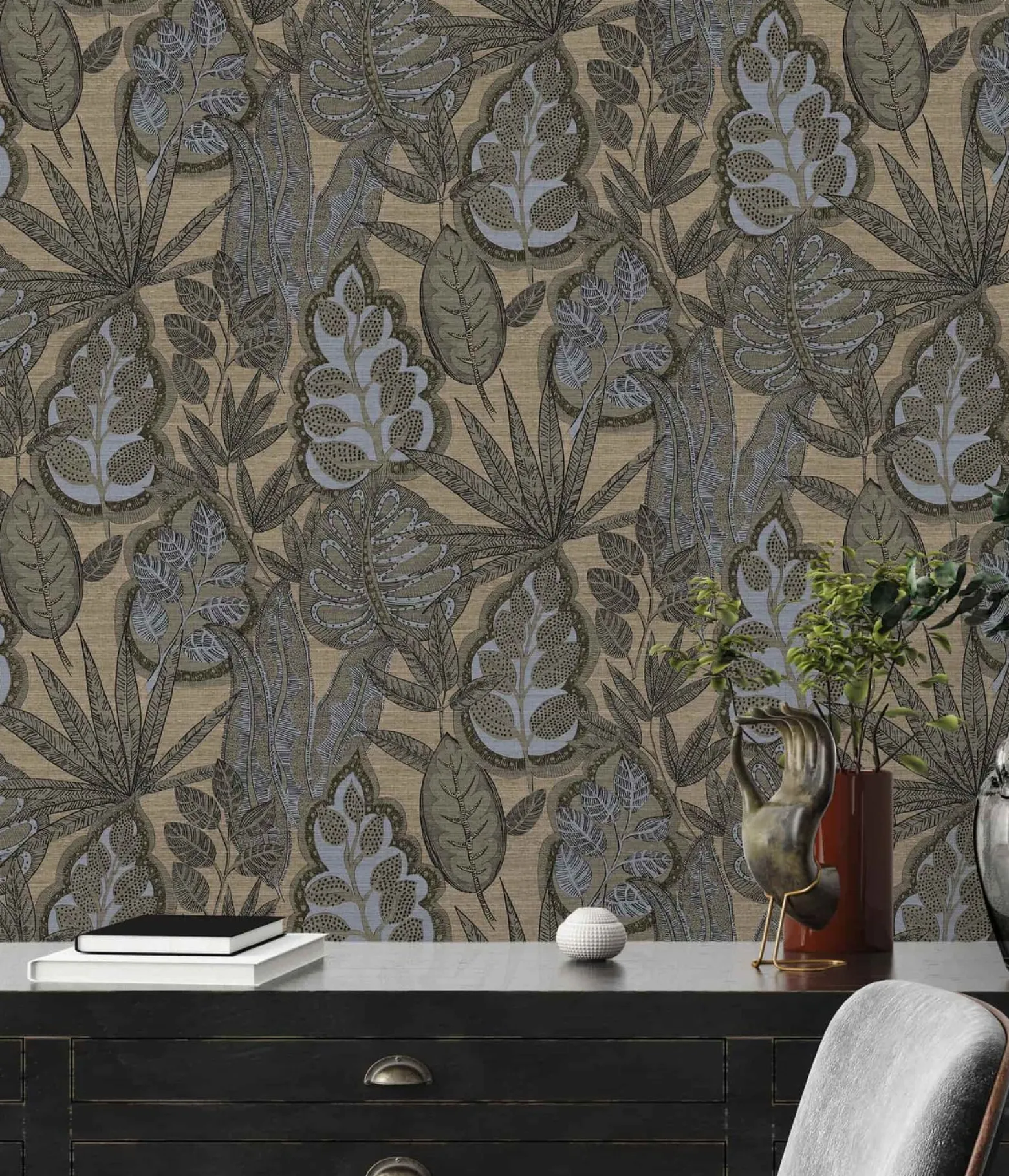 Vliestapete Blätter Illustration Beige Grau 39346-5