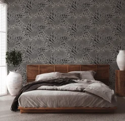 Vliestapete Blätter Palme grau schwarz Glitzer 37861-2