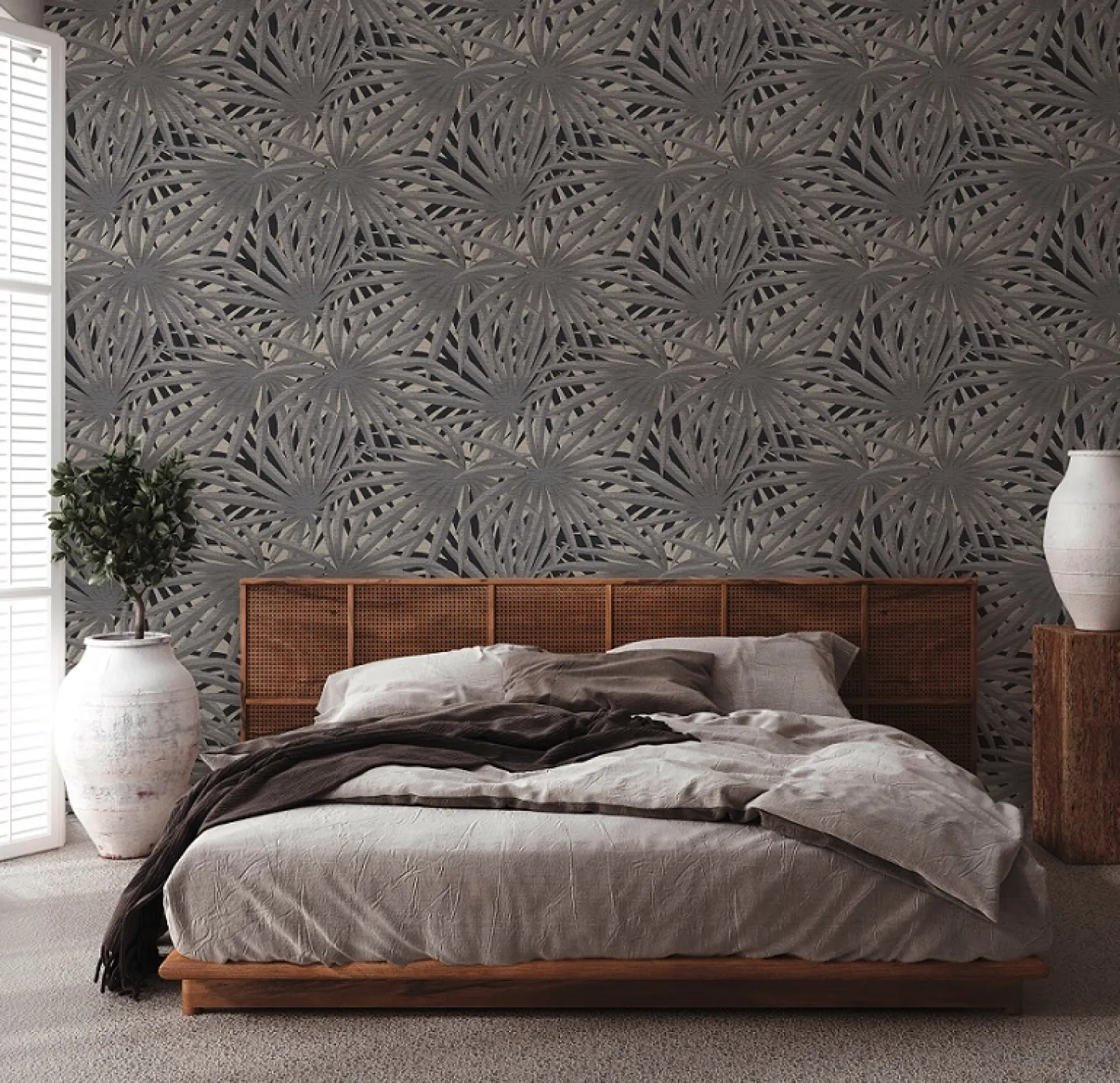 Vliestapete Blätter Palme grau schwarz Glitzer 37861-2