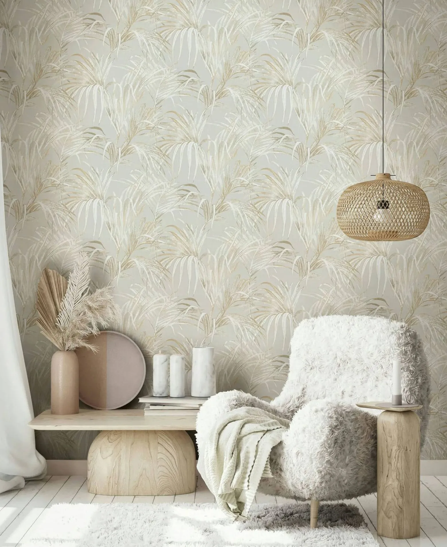 Vliestapete Blätter Palme Struktur Beige Grau 82413