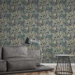 Vliestapete Blätter Pflanzen Blau Gold Metallic 39095-5