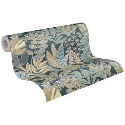 Vliestapete Blätter Pflanzen Blau Gold Metallic 39095-5