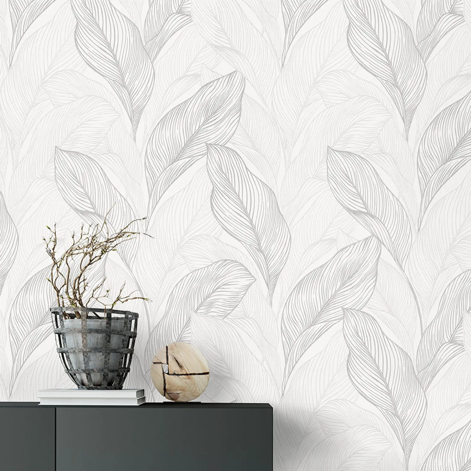 Vliestapete Blätter Struktur Weiß Silber Metallic 10282-31