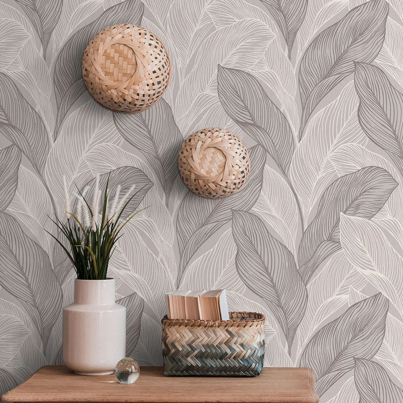 Vliestapete Blätter Struktur Beige Grau Metallic 10282-38