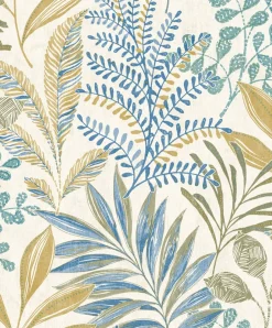 Vliestapete Blätter Tropen Creme Blau Grün MN3107