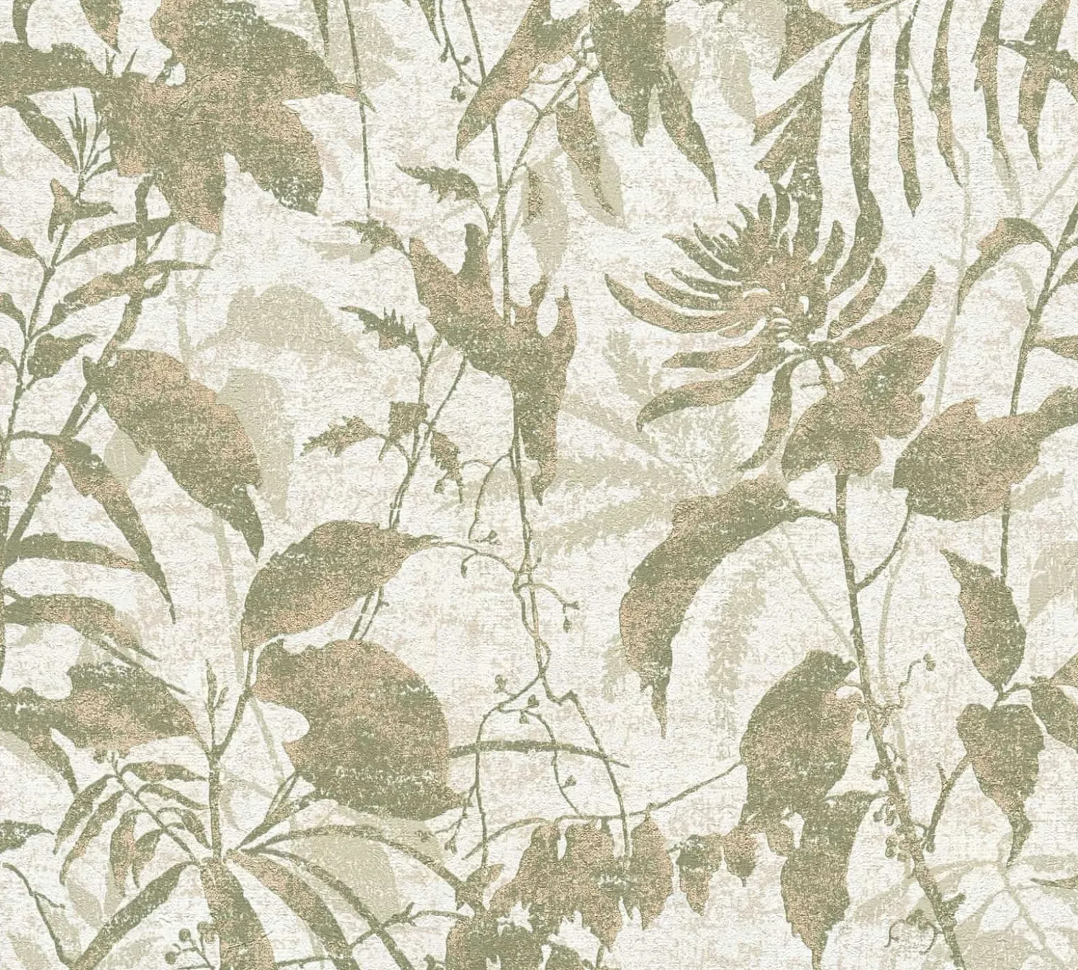 Vliestapete Blätter Tropen Creme Grün Gold Metallic 78203-1