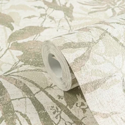 Vliestapete Blätter Tropen Creme Grün Gold Metallic 78203-1