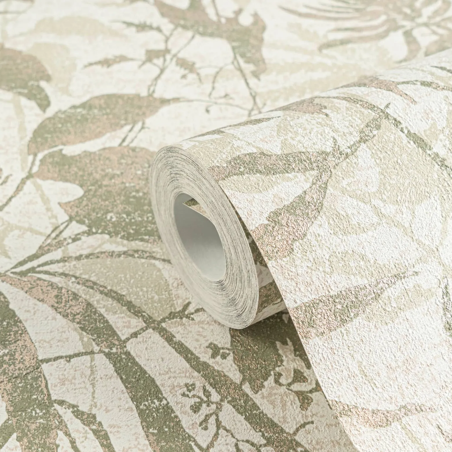 Vliestapete Blätter Tropen Creme Grün Gold Metallic 78203-1