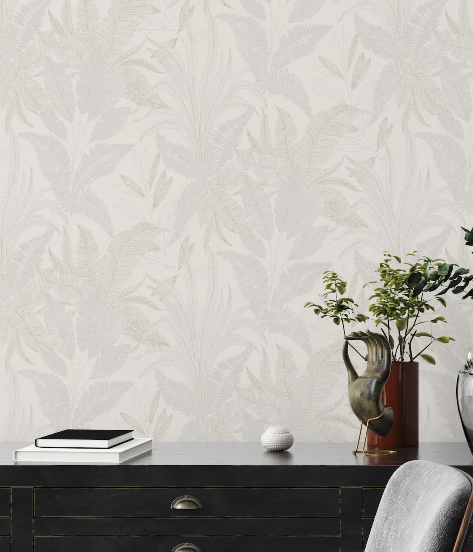 Vliestapete Blätter Tropen Creme Gold Metallic 39654-2