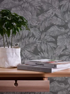 Vliestapete Blätter Tropen Grau Silber Metallic 39340-4