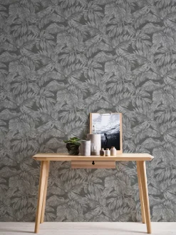 Vliestapete Blätter Tropen Grau Silber Metallic 39340-4