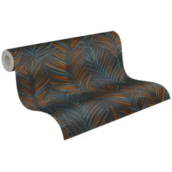Vliestapete Blätter Tropisch Schwarz Orange Glanz 39038-6