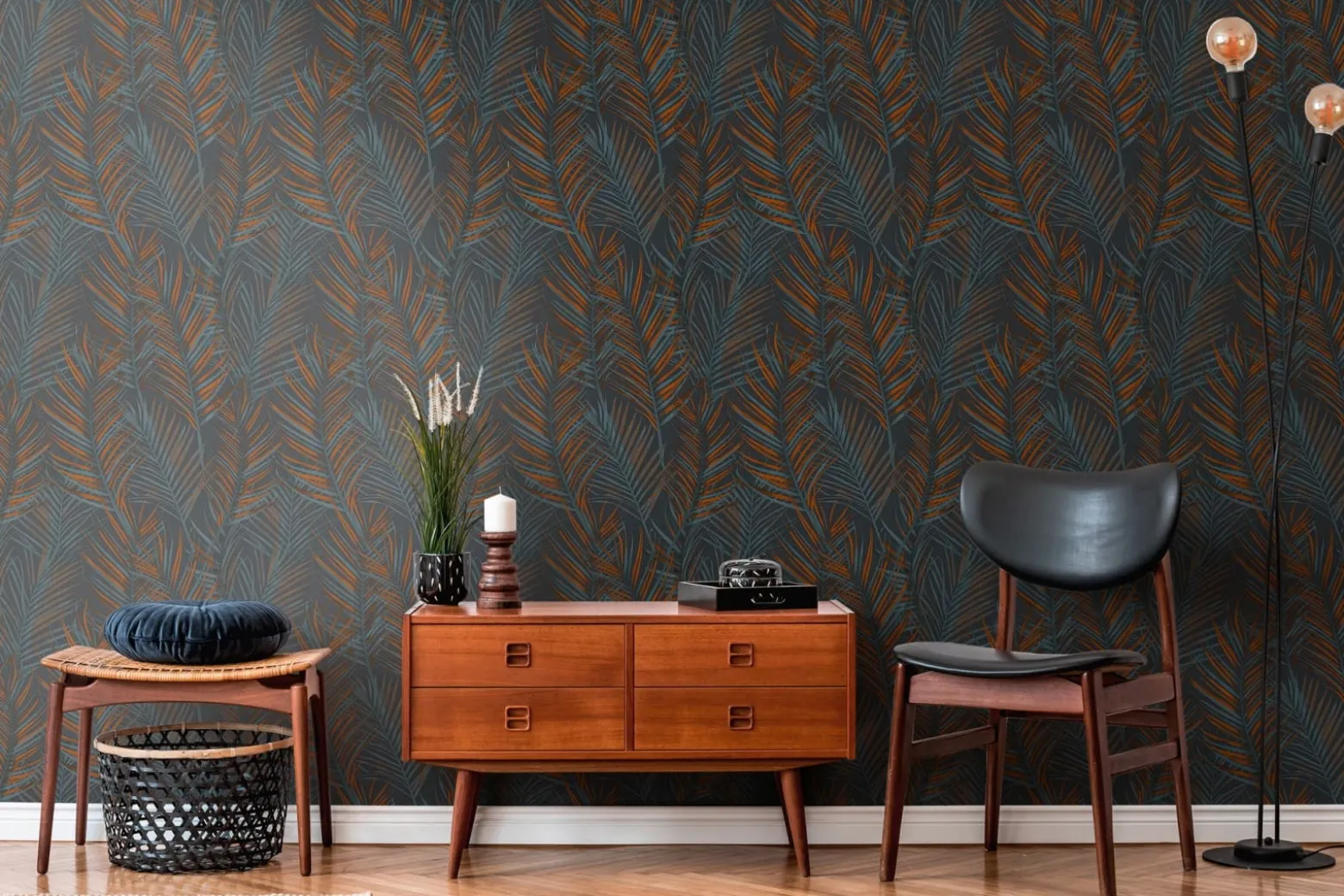 Vliestapete Blätter Tropisch Schwarz Orange Glanz 39038-6