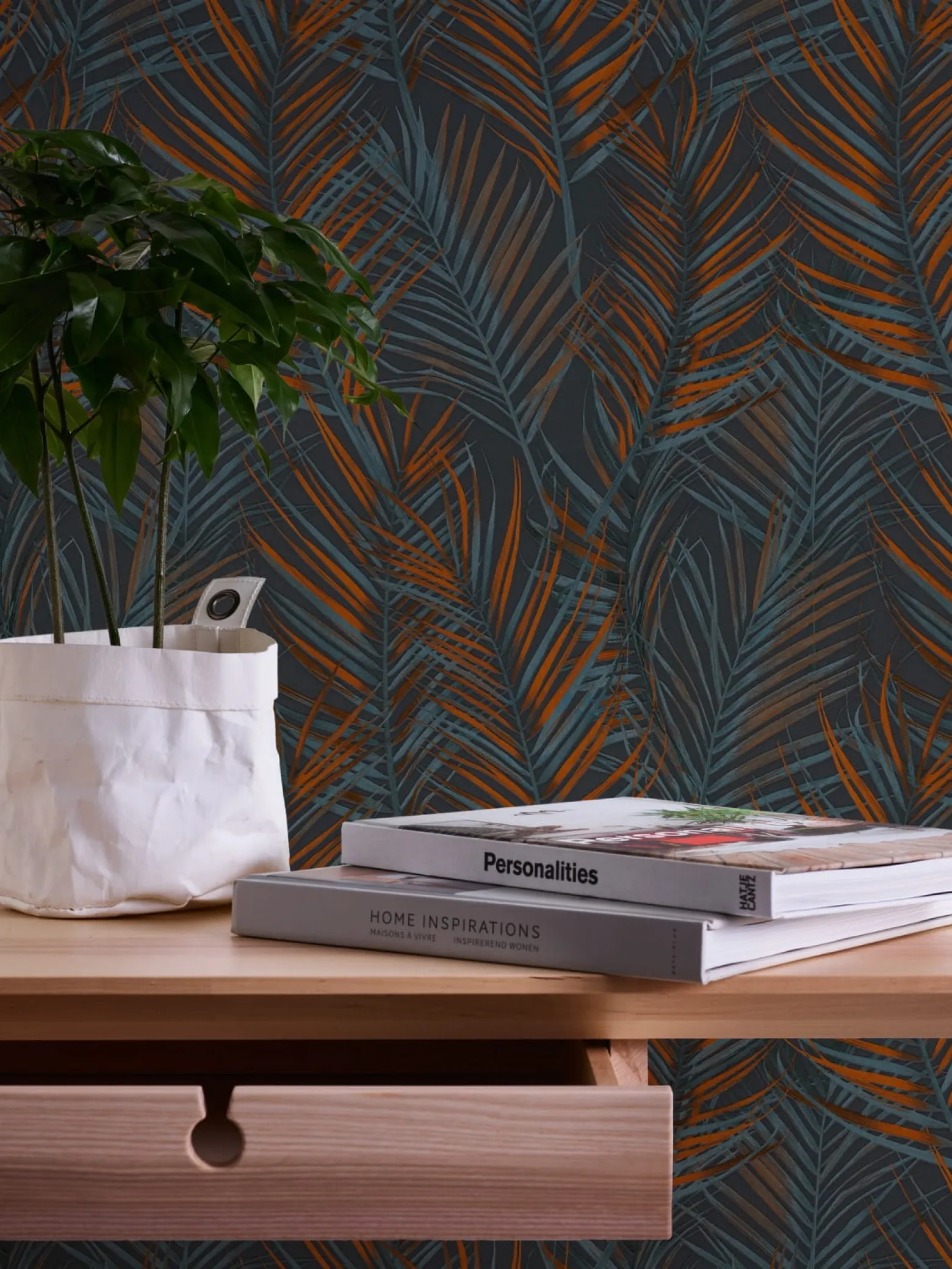 Vliestapete Blätter Tropisch Schwarz Orange Glanz 39038-6