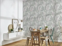 Vliestapete Blätter Tropisch Weiß Silber Metallic 39038-2