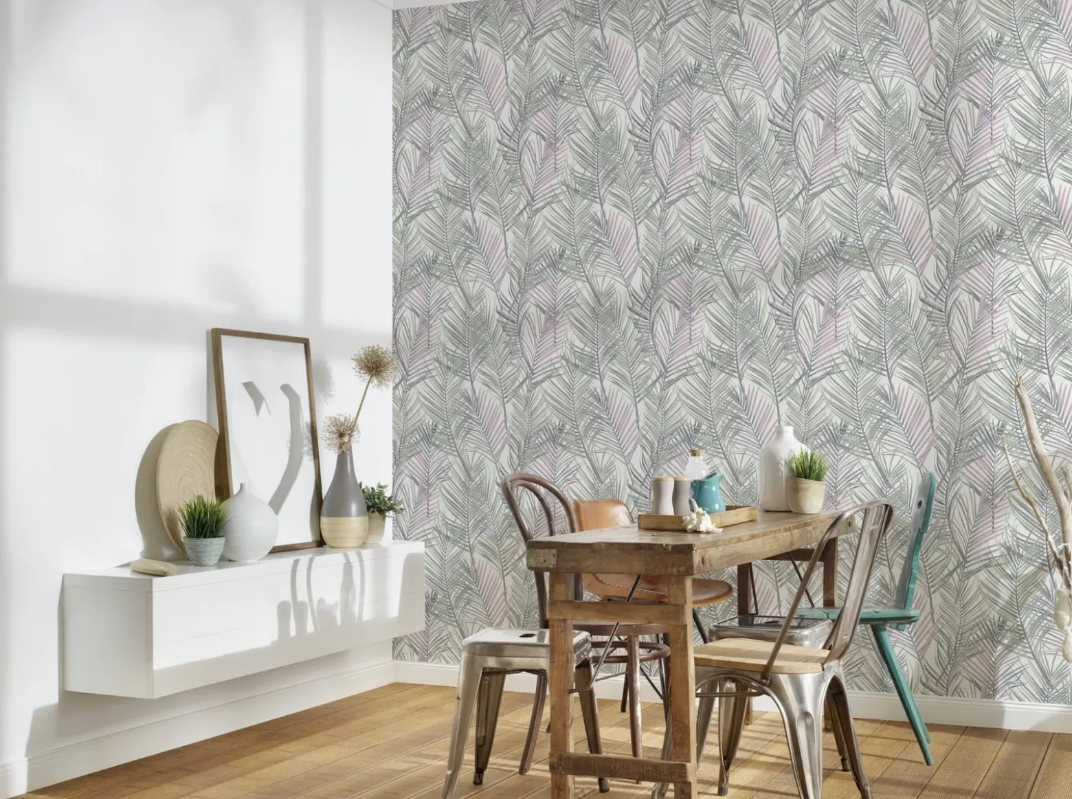 Vliestapete Blätter Tropisch Weiß Silber Metallic 39038-2