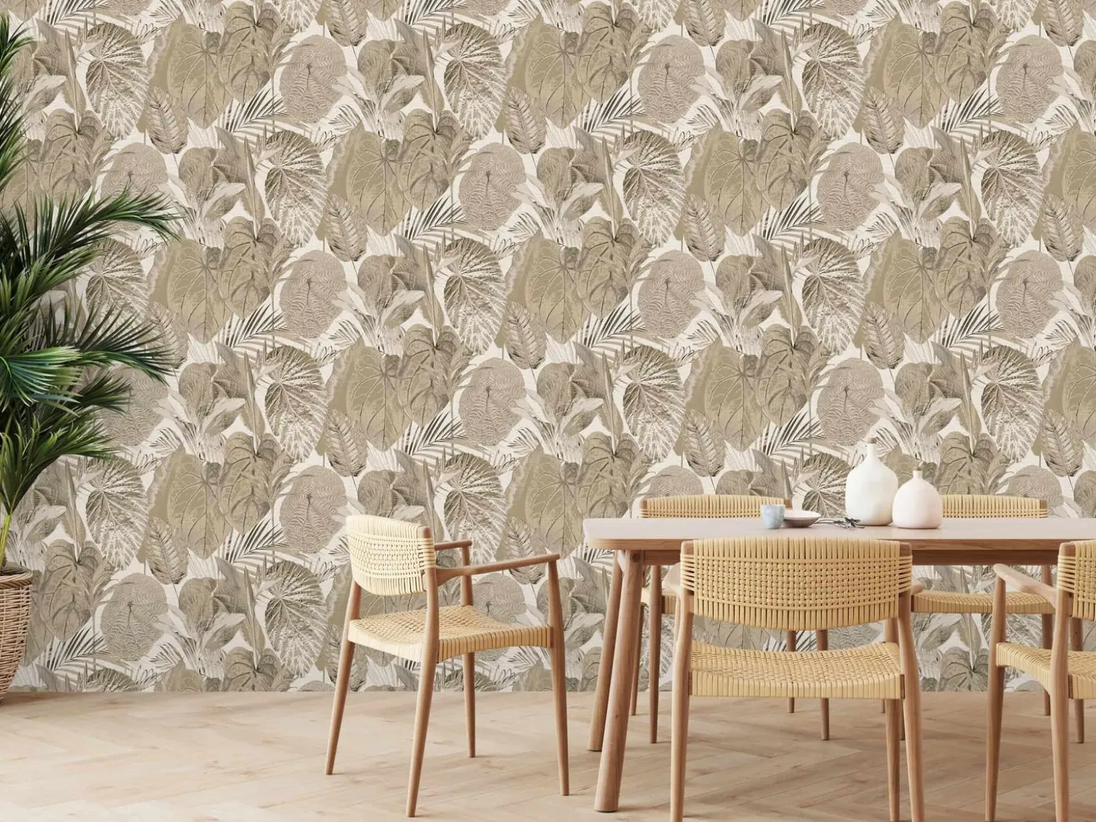 Vliestapete Blätter Tropisch Beige Creme Gold 39355-1