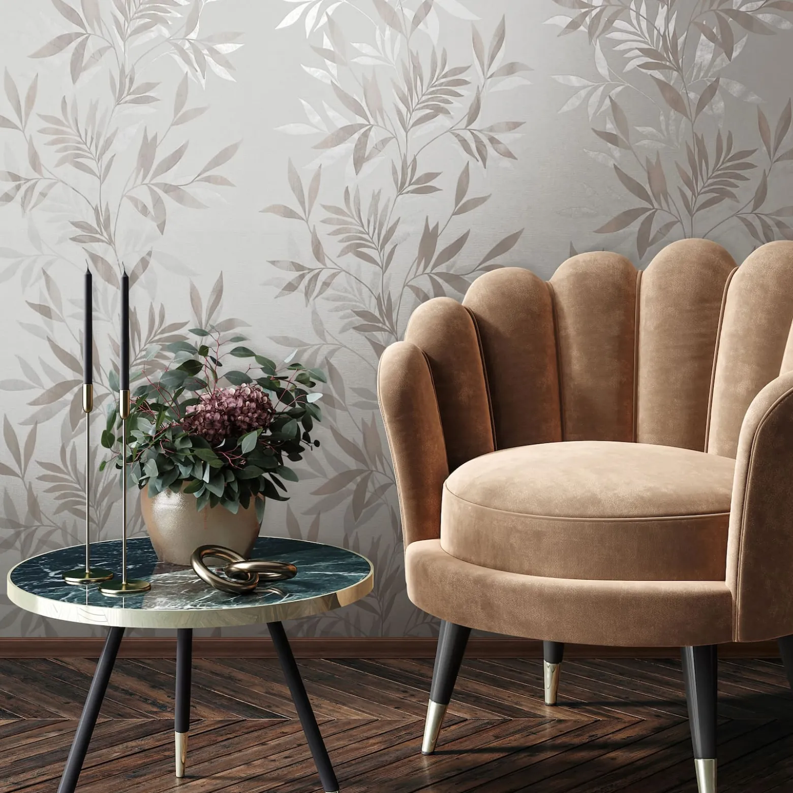 Vliestapete Blätter Weiß Beige Silber Metallic 82459