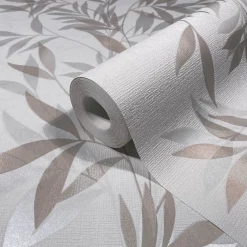 Vliestapete Blätter Weiß Beige Silber Metallic 82459