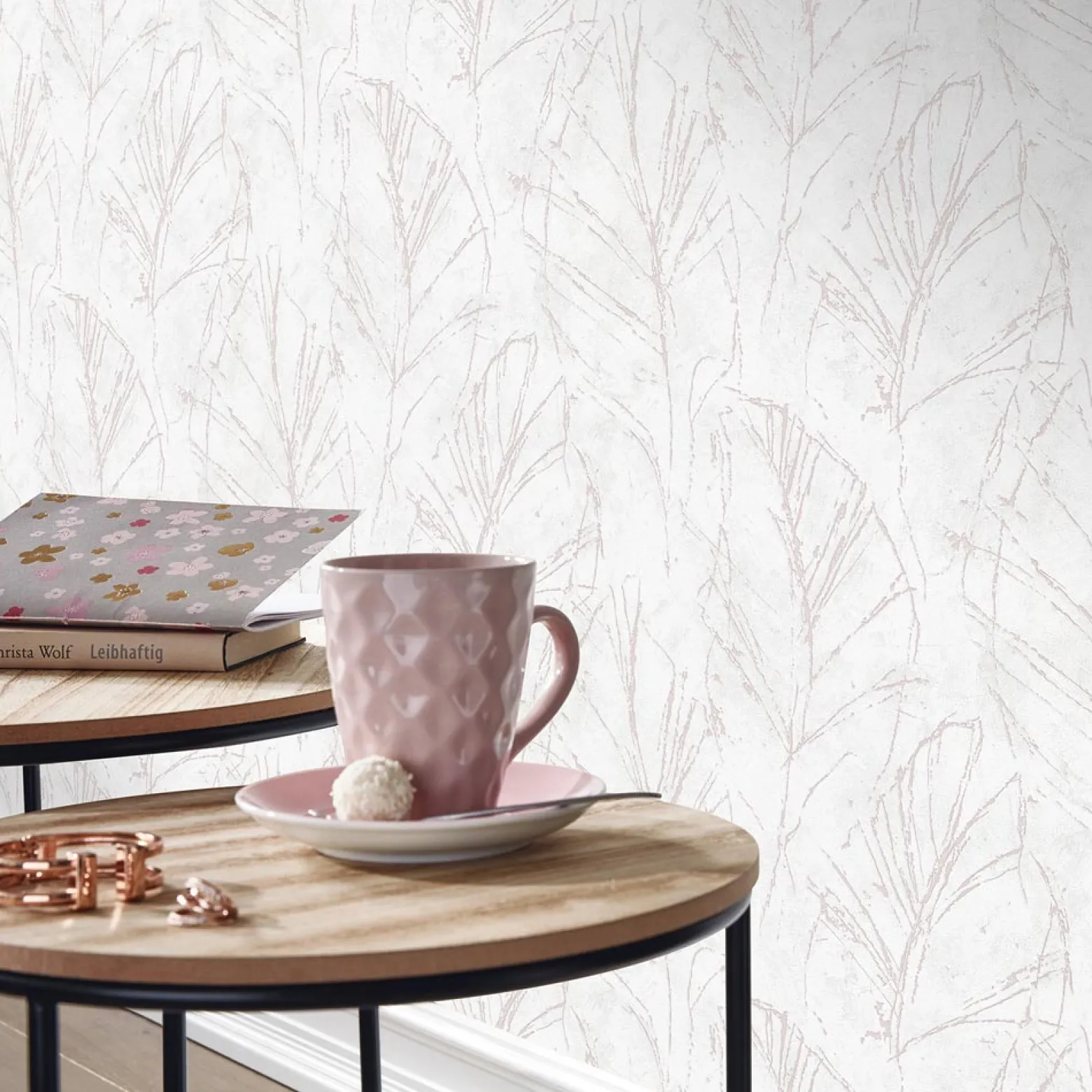 Vliestapete Blätter Weiß Rosa Metallic 10321-05
