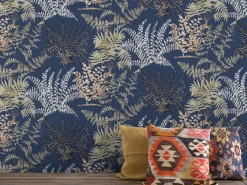Vliestapete Blätter Zweige Blau Weiß Beige A57103