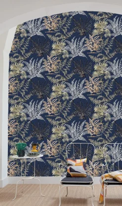 Vliestapete Blätter Zweige Blau Weiß Beige A57103