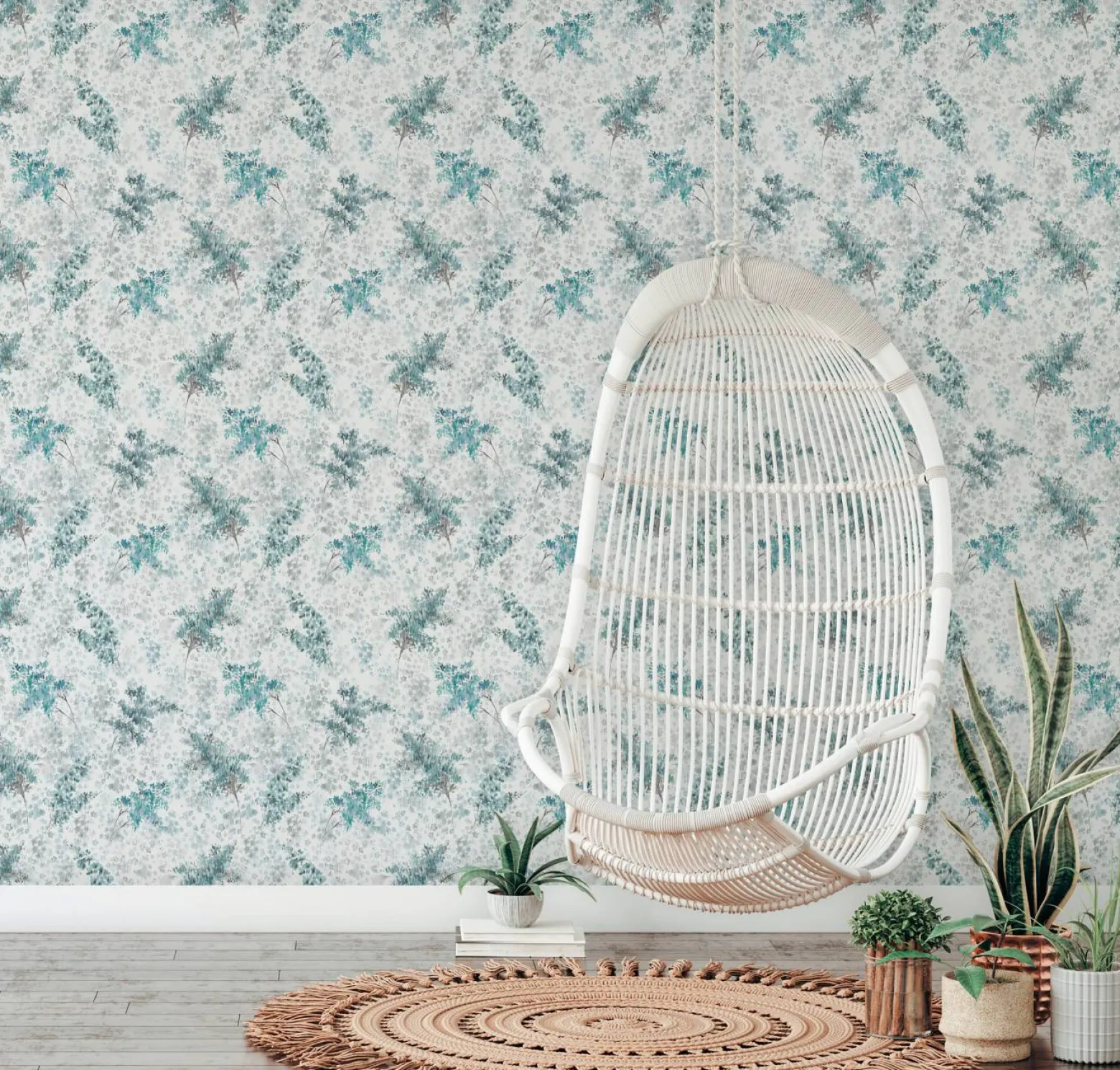 Vliestapete Blumen Aquarell Weiß Türkis Grau 47451