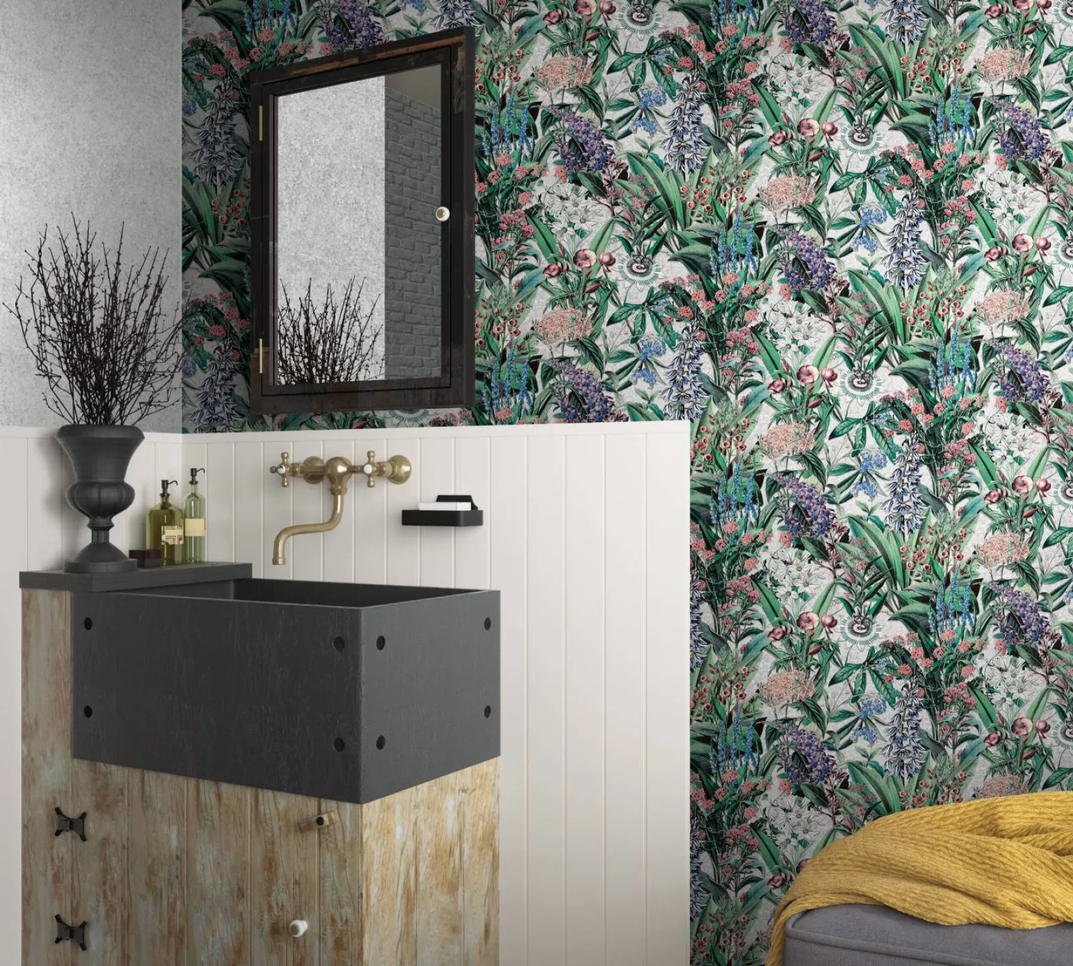 Vliestapete Blumen Blätter Floral Grün Grau 47477