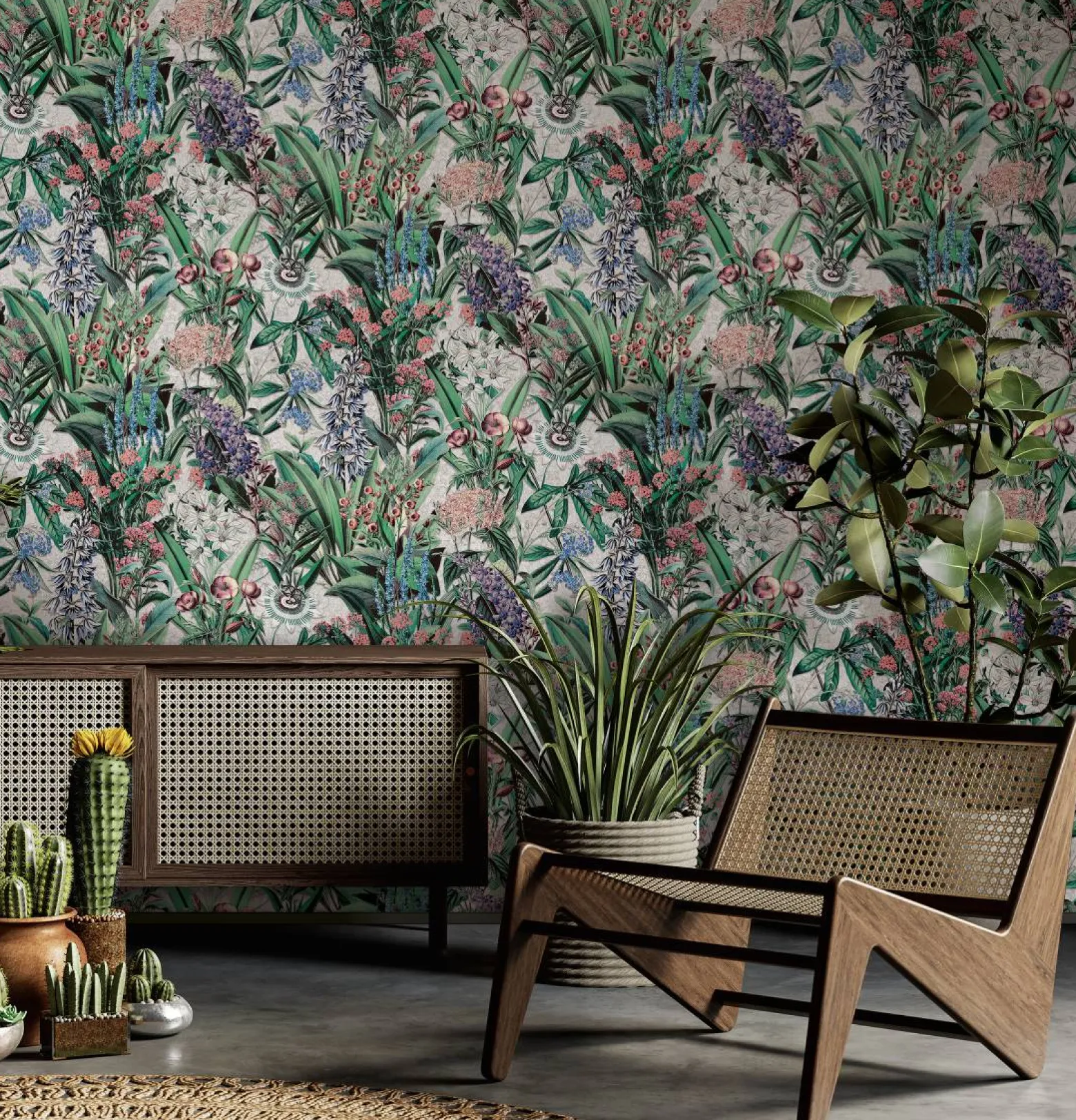 Vliestapete Blumen Blätter Floral Grün Grau 47477