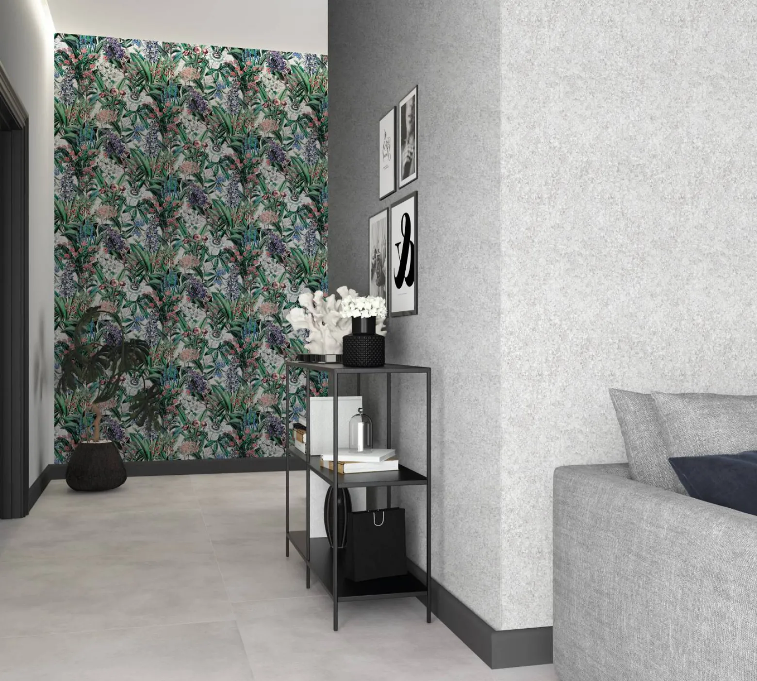 Vliestapete Blumen Blätter Floral Grün Grau 47477