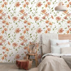 Vliestapete Blumen Blätter Weiß Orange Grün 89023