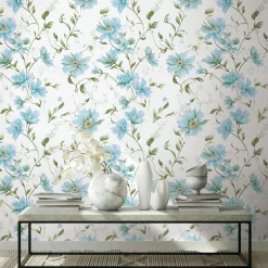 Vliestapete Blumen Blätter Weiß Blau Grün 89022