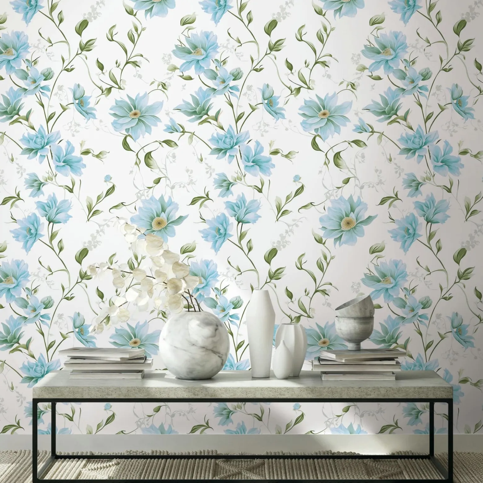 Vliestapete Blumen Blätter Weiß Blau Grün 89022