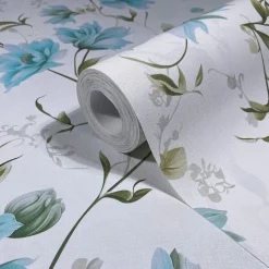 Vliestapete Blumen Blätter Weiß Blau Grün 89022