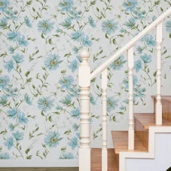 Vliestapete Blumen Blätter Weiß Blau Grün 89022