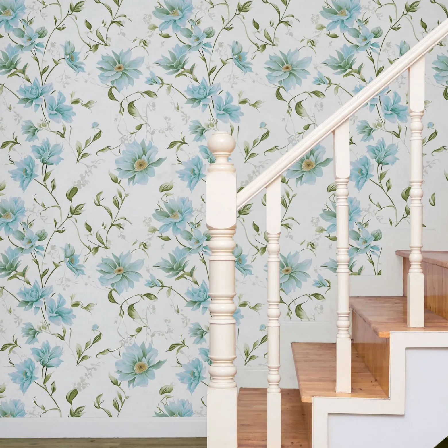 Vliestapete Blumen Blätter Weiß Blau Grün 89022