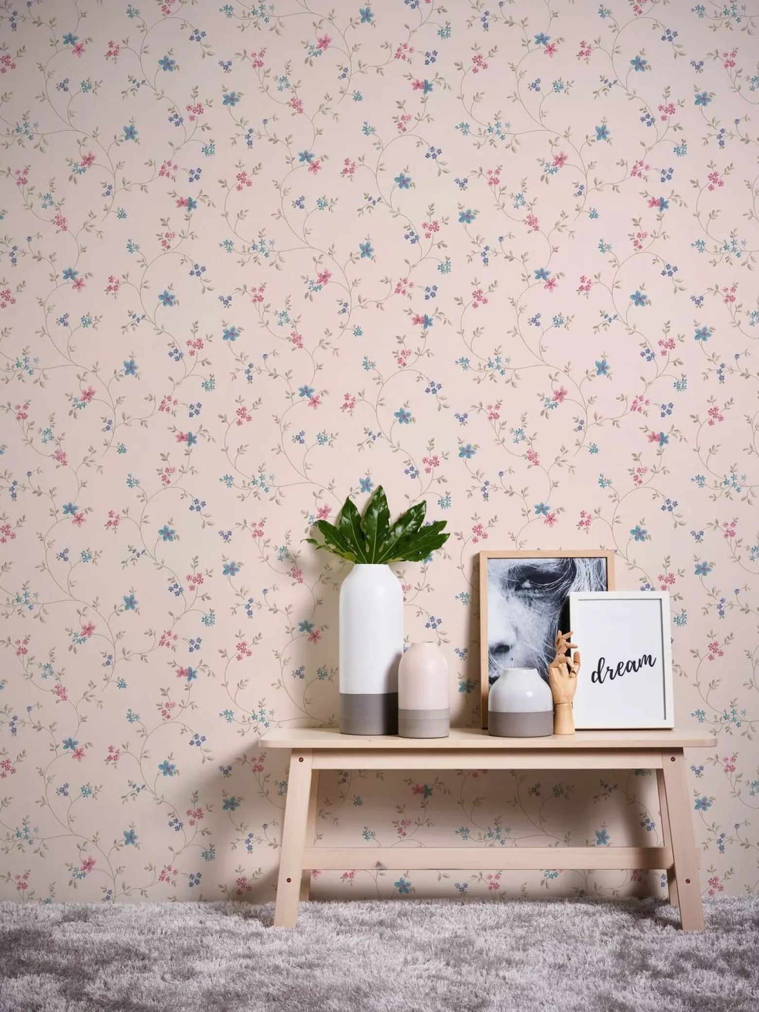 Vliestapete Blumen Floral Creme Grün Rosa Blau 39071-1