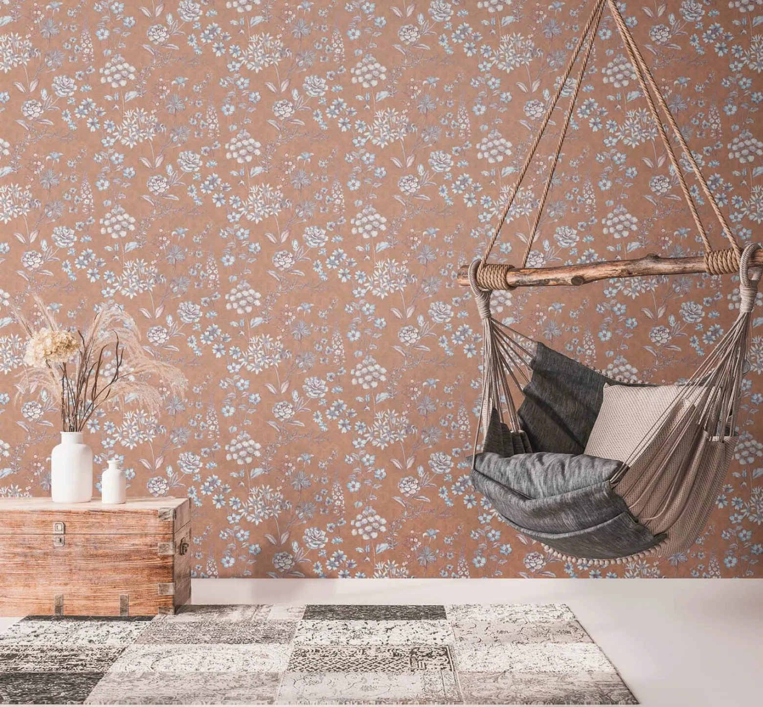 Vliestapete Blumen Grafik Floral Braun Blau 39117-3