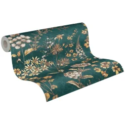 Vliestapete Blumen Grafik Petrol Gelb Braun 39117-4