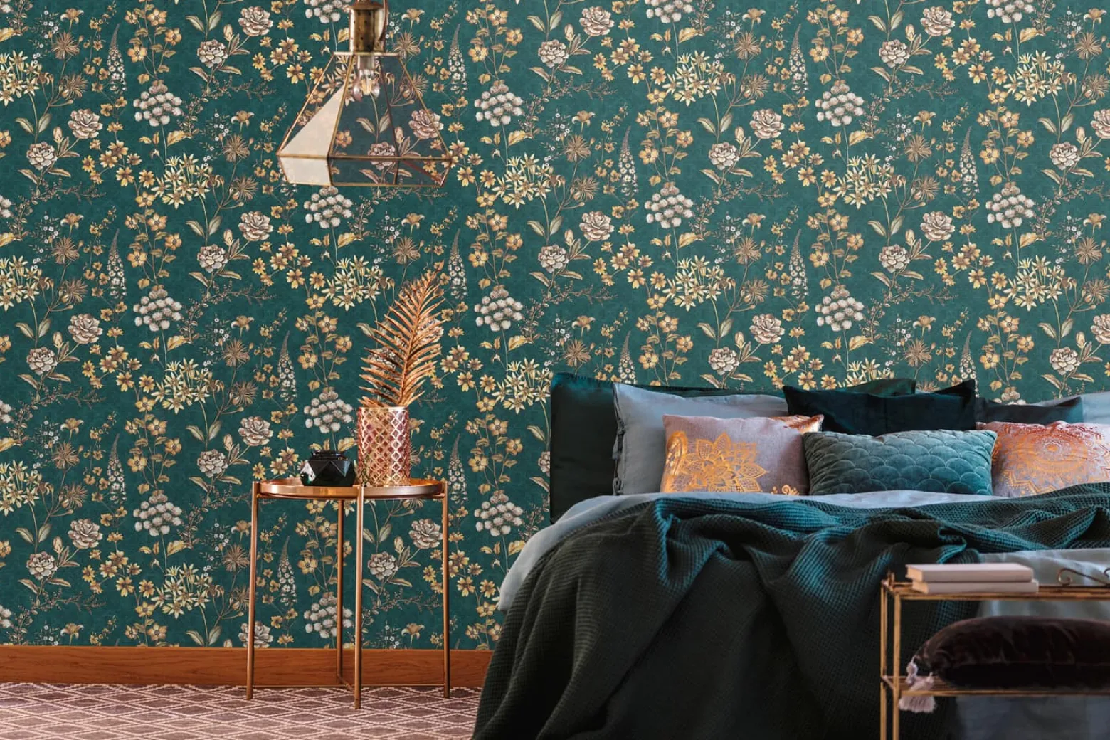 Vliestapete Blumen Grafik Petrol Gelb Braun 39117-4