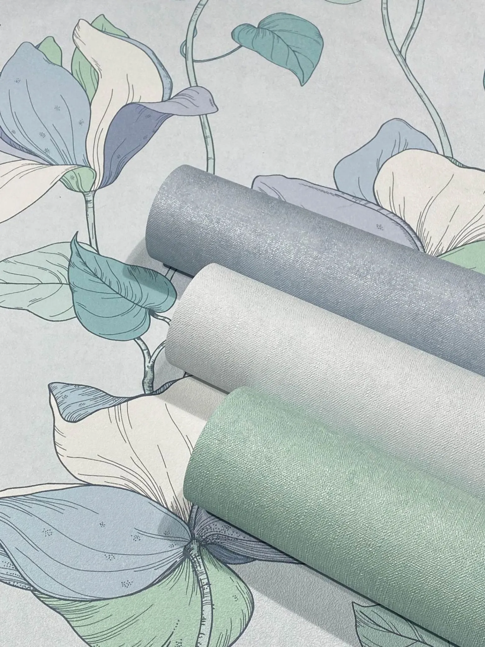 Vliestapete Blumen Illustration Blau Grün Weiß 47473