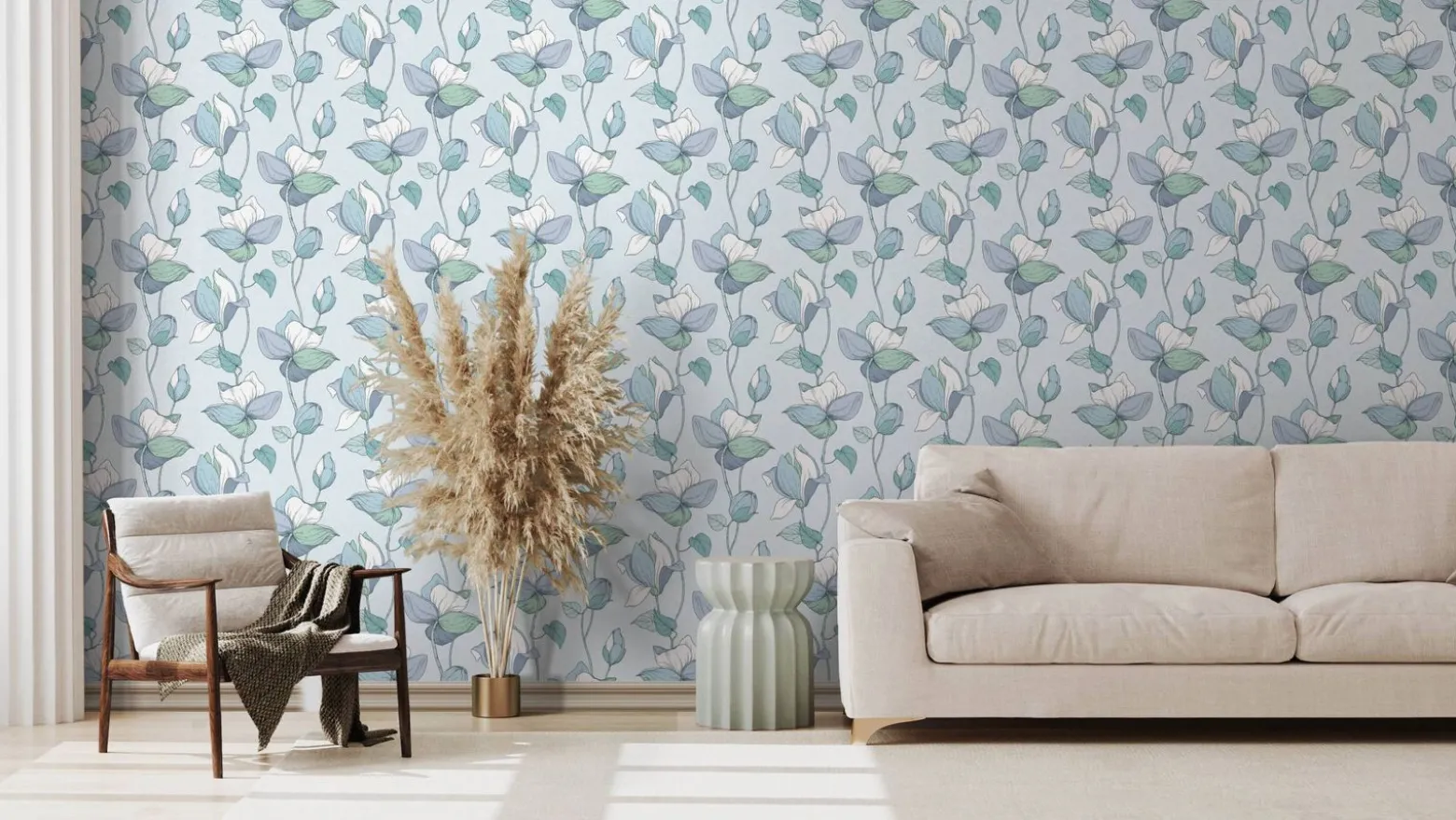 Vliestapete Blumen Illustration Blau Grün Weiß 47473