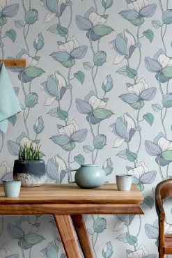Vliestapete Blumen Illustration Blau Grün Weiß 47473