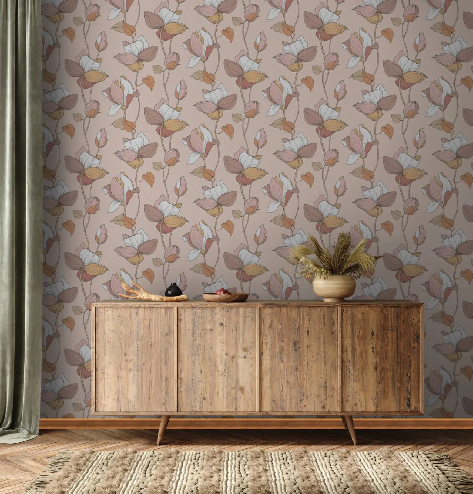 Vliestapete Blumen Illustration Orange Beige 47471