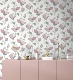 Vliestapete Blumen Illustration Weiß Rosa Grün 47472