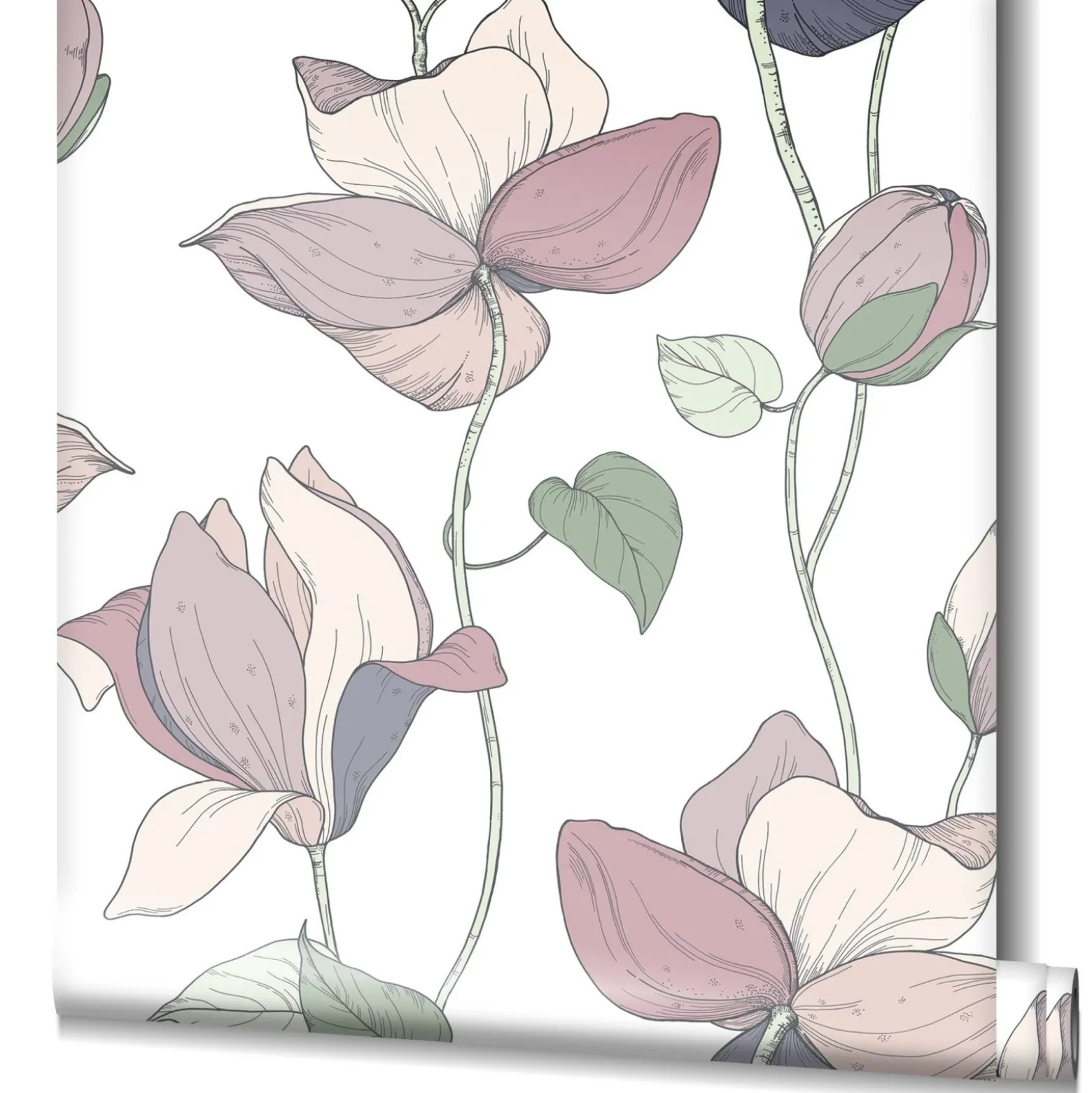 Vliestapete Blumen Illustration Weiß Rosa Grün 47472