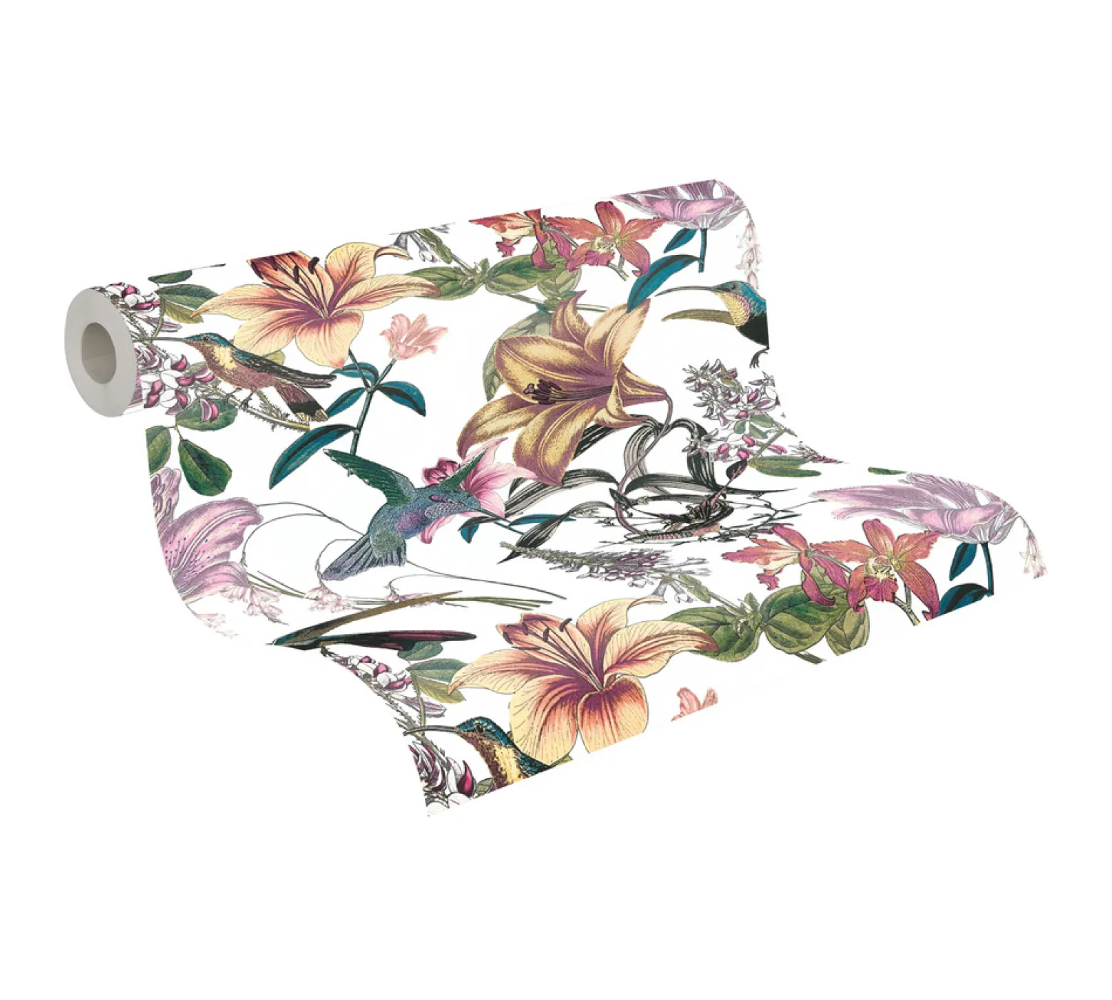 Vliestapete Blumen Kolibri Floral weiß bunt 37701-1