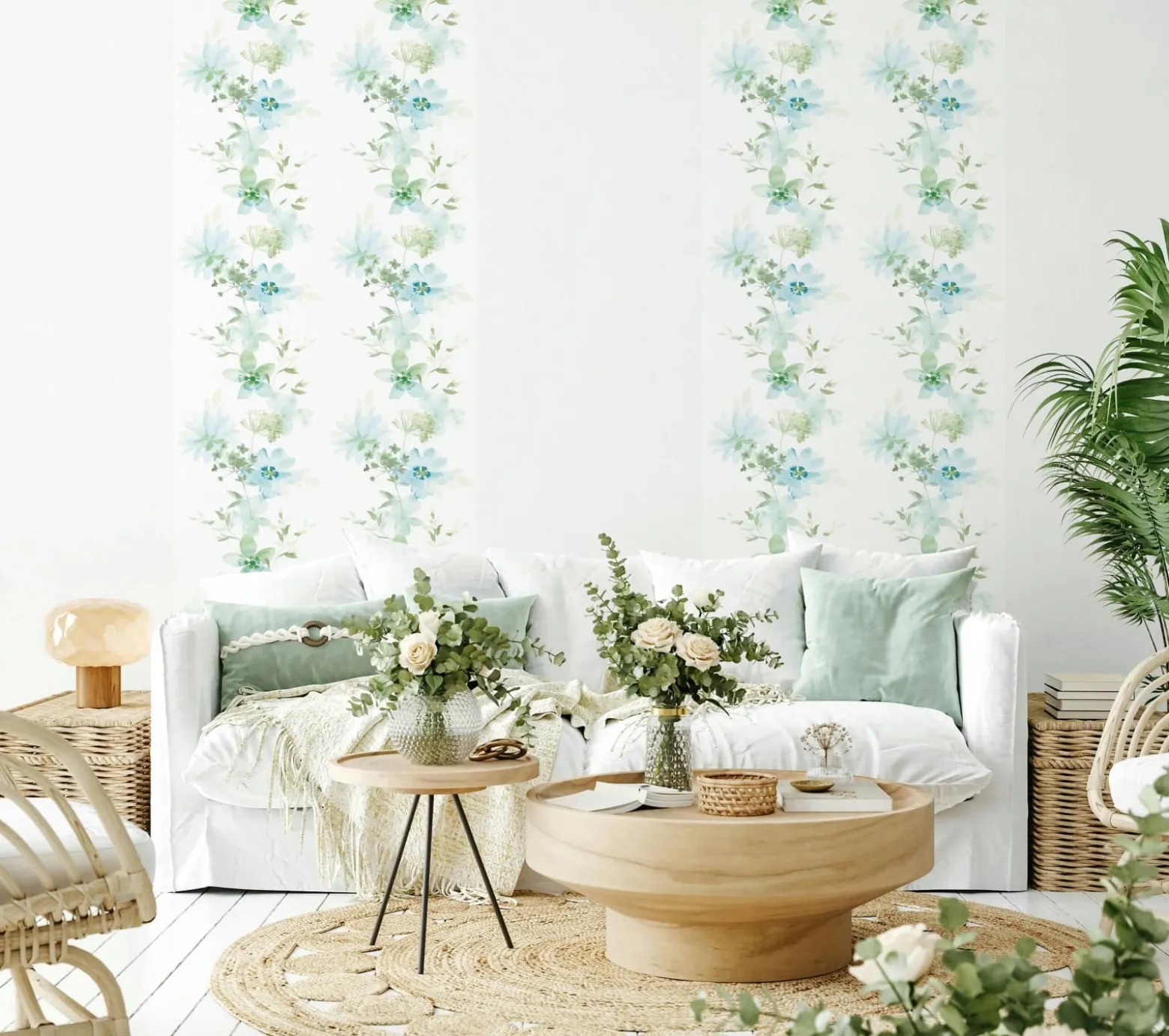 Vliestapete Blumen Natur Floral Weiß Grün Blau 81624