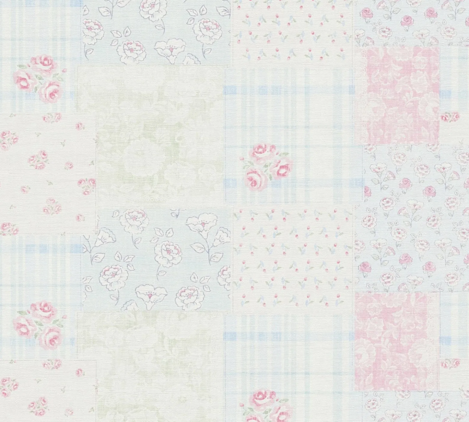 Vliestapete Blumen Patchwork Karo Blau Weiß Rosa